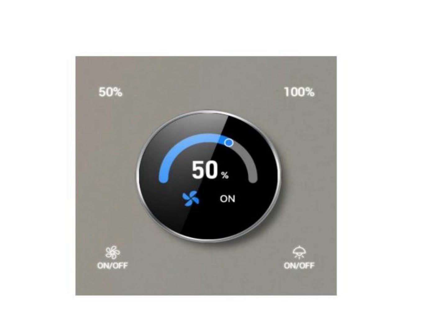 A Nexora glass dial panel for fan speed and light level