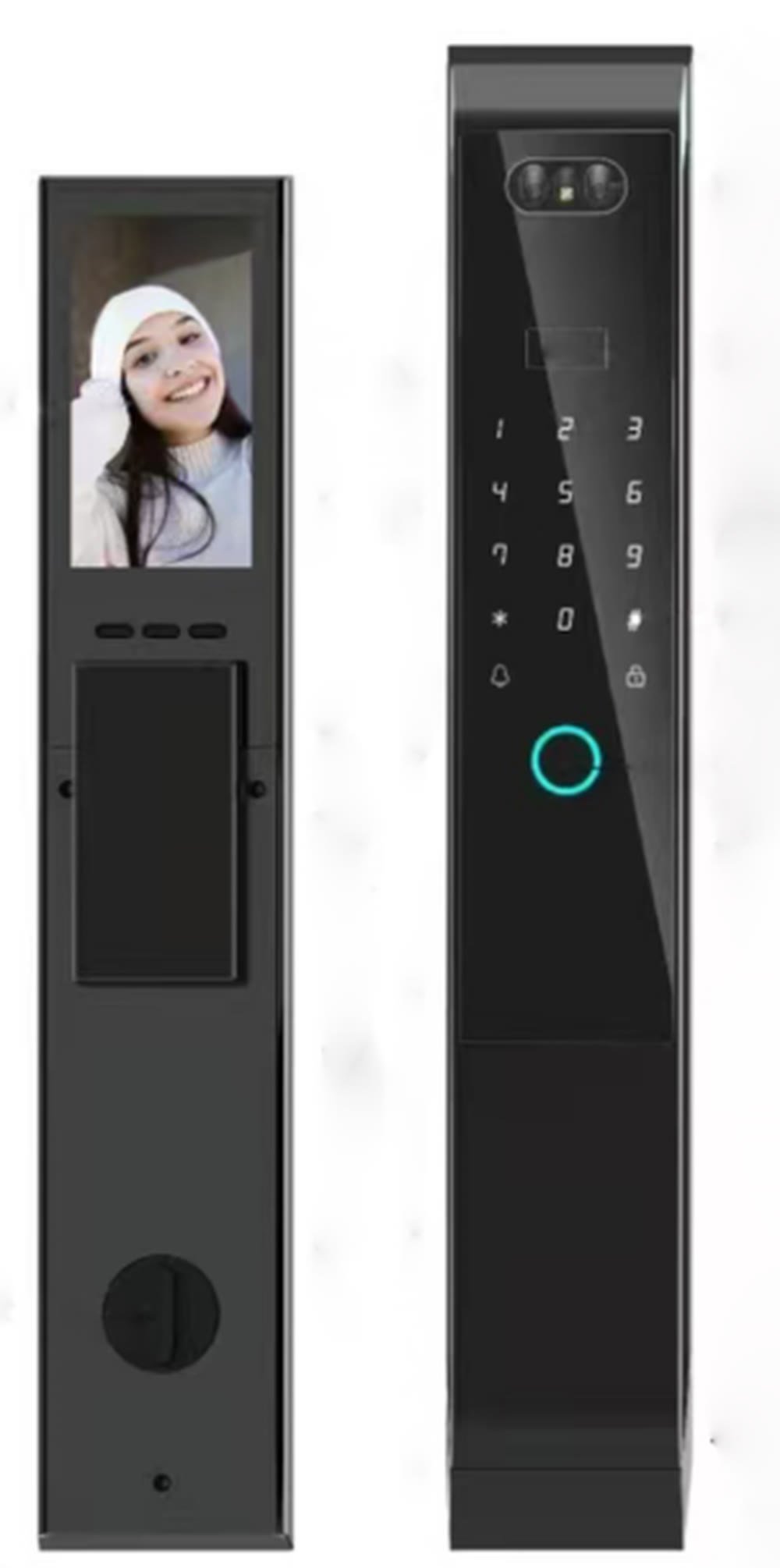 A Nexora smart door lock with camera, keypad and fingerprint reader, shown front and back