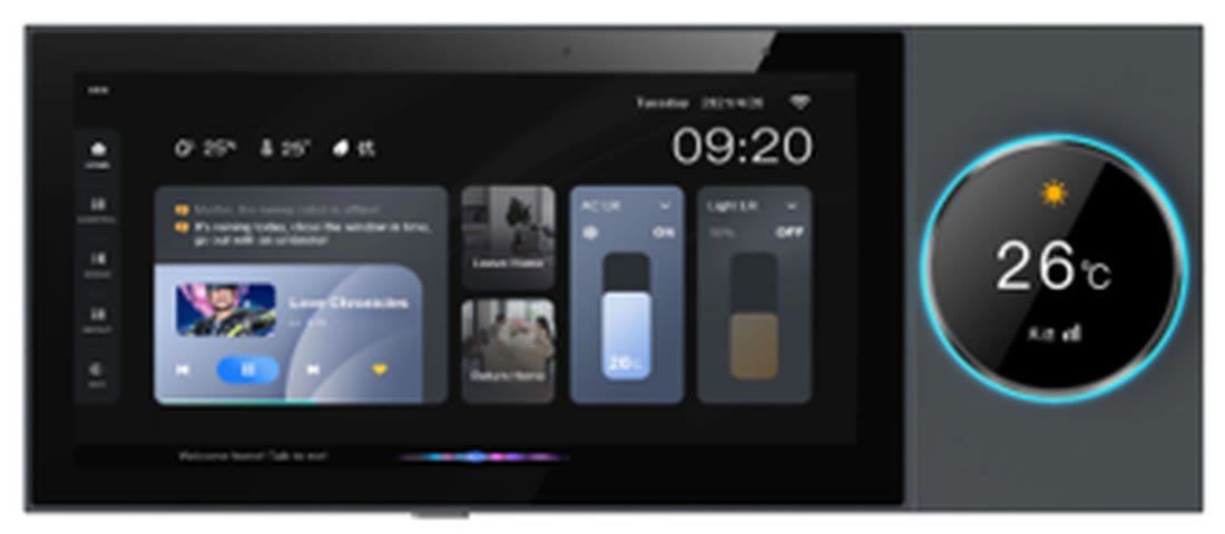The Nexora wide control panel showing room zones, media and a round thermostat dial