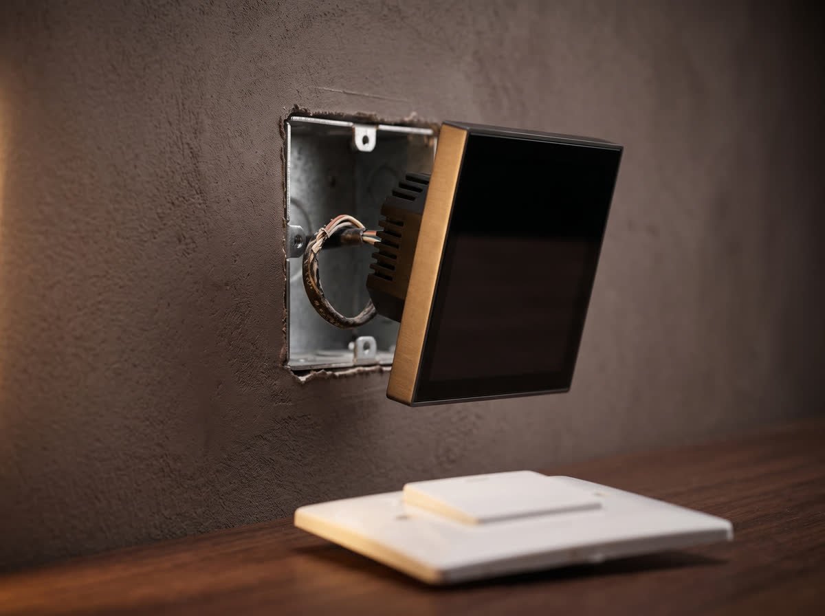 A black glass panel half seated in the metal back box already in the wall, the old plastic plate set aside below it