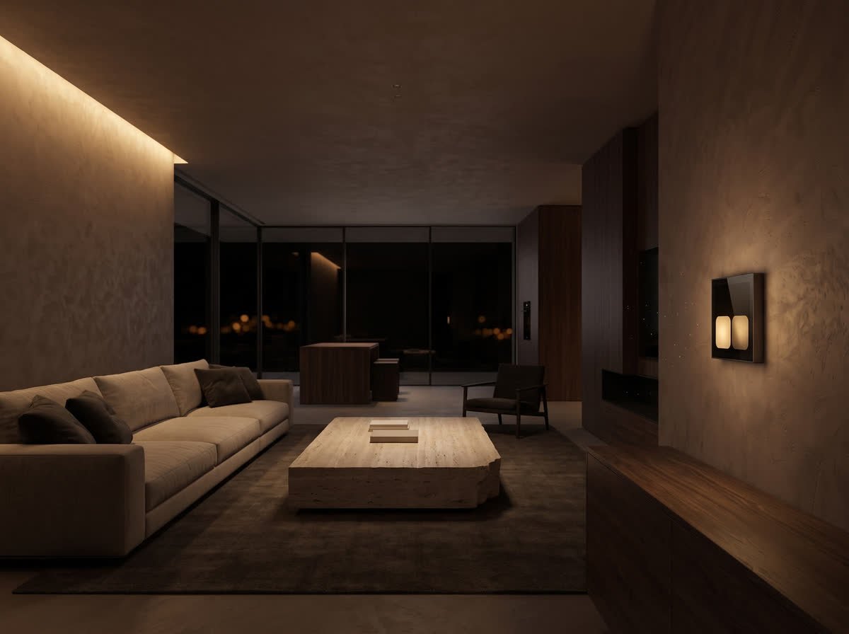 A finished living room at night, warm and calm, with the black glass panel glowing on the far wall