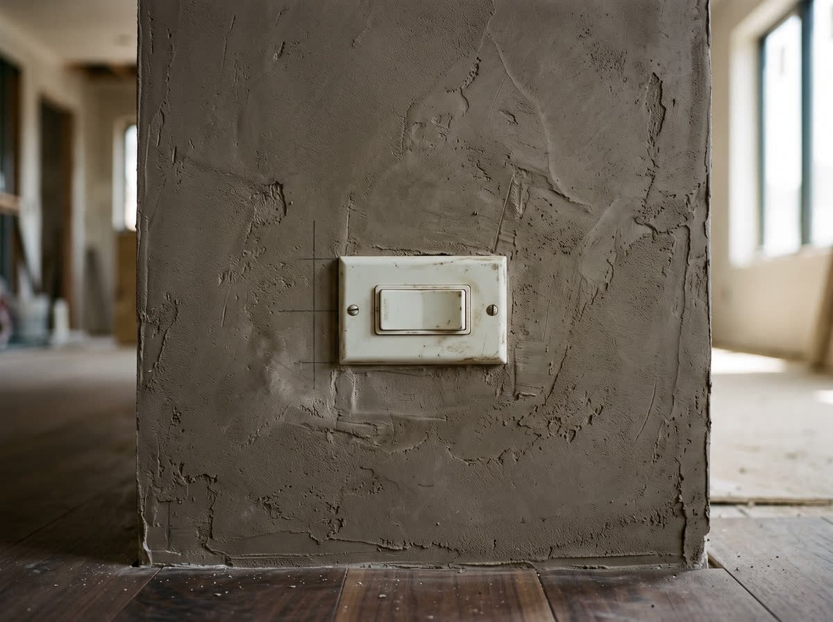 A worn plastic rocker switch screwed to a bare plaster wall in an unfinished room, with a pencil mark beside it