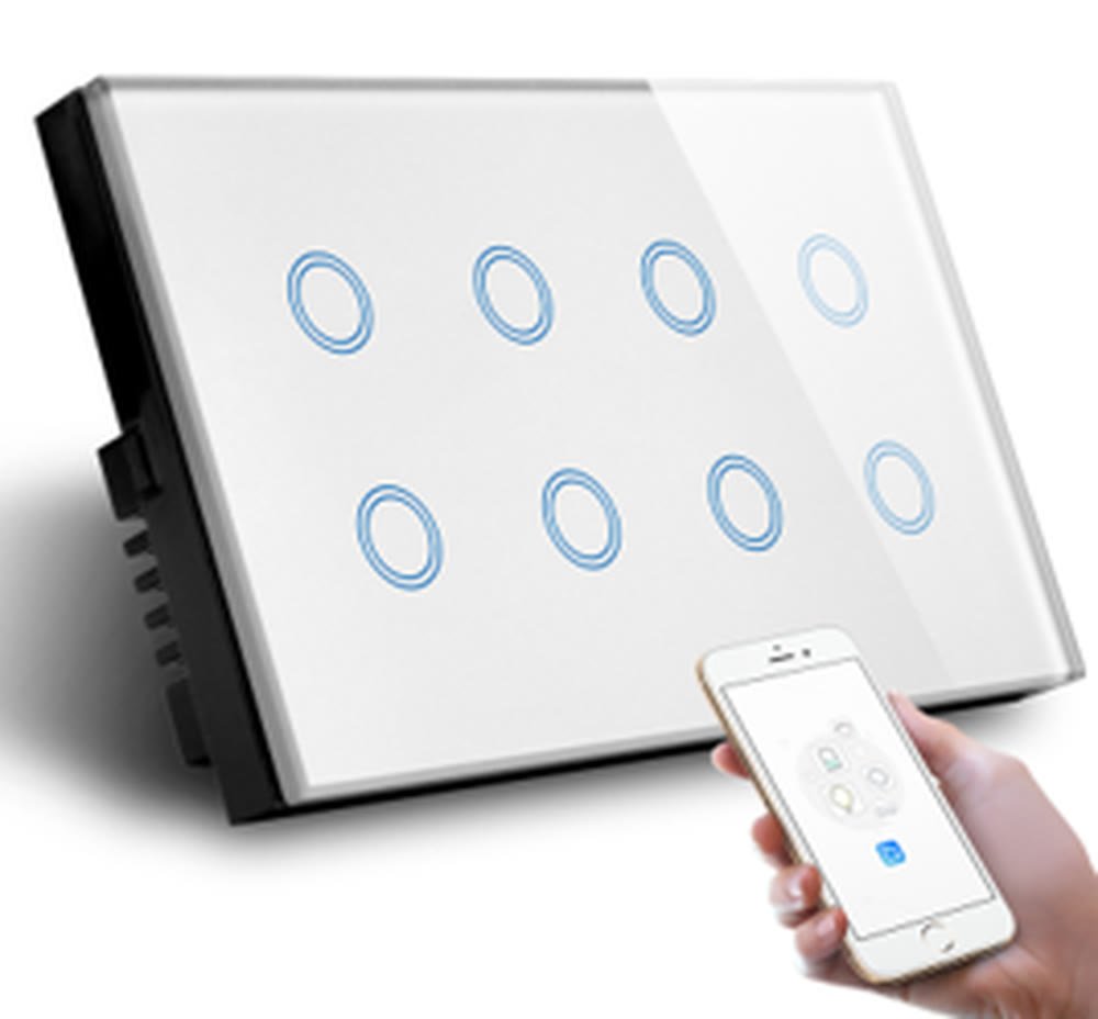 A Nexora eight gang white glass touch switch beside a phone running the app