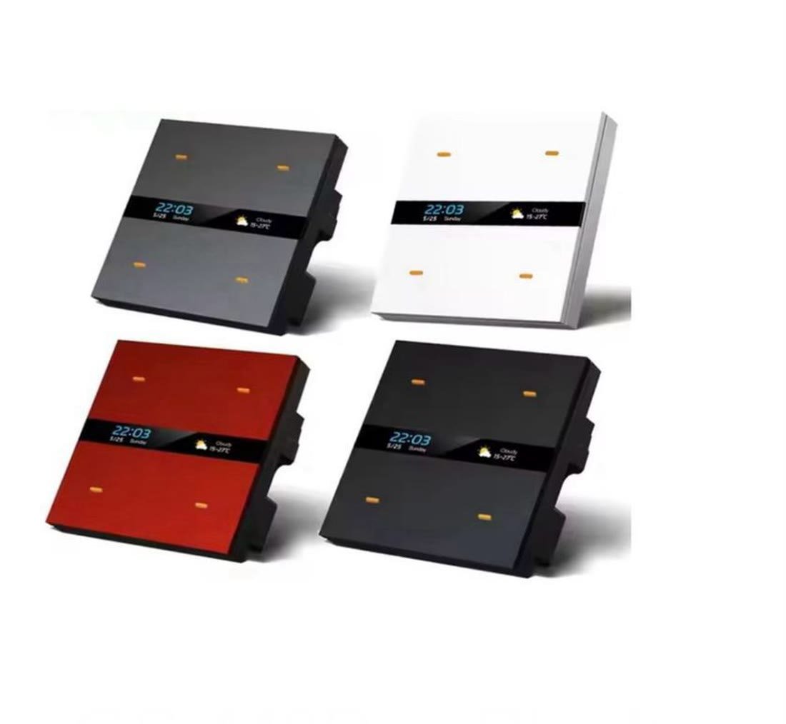 Nexora display switches in grey, white, red and black, each with a small screen showing time and weather
