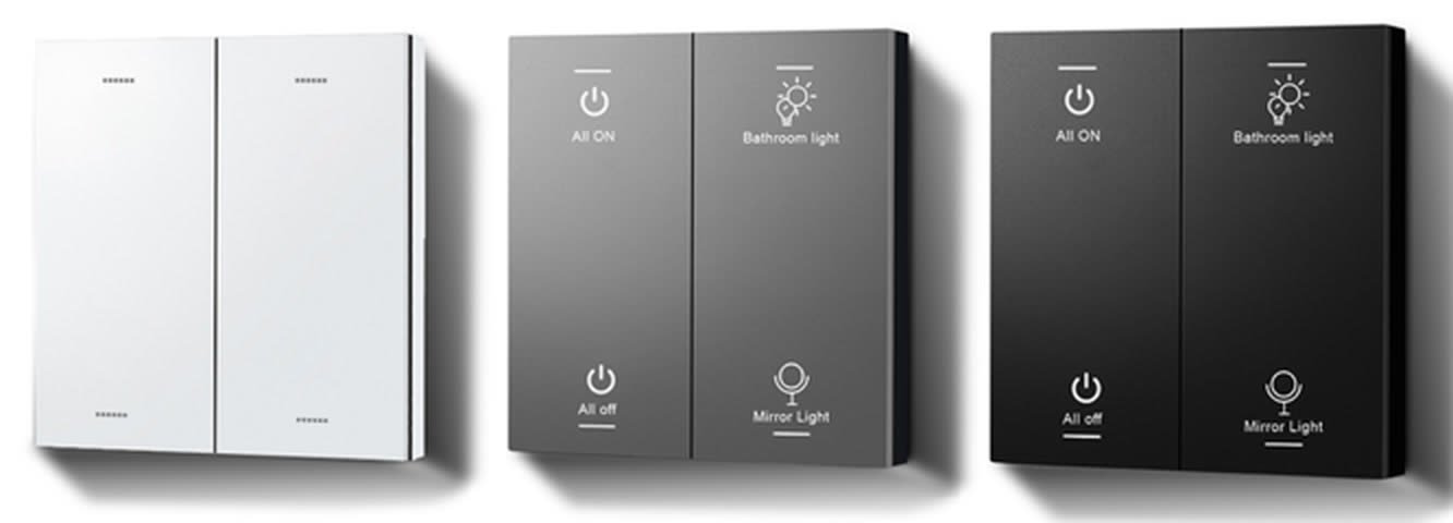 Nexora soft touch glass gang switches in white, grey and black
